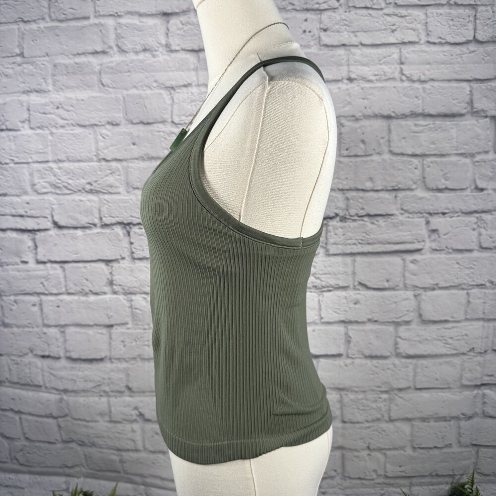 Olive Green Ribbed Racerback Tank Top M Fitted Basic - Picture 3 of 6